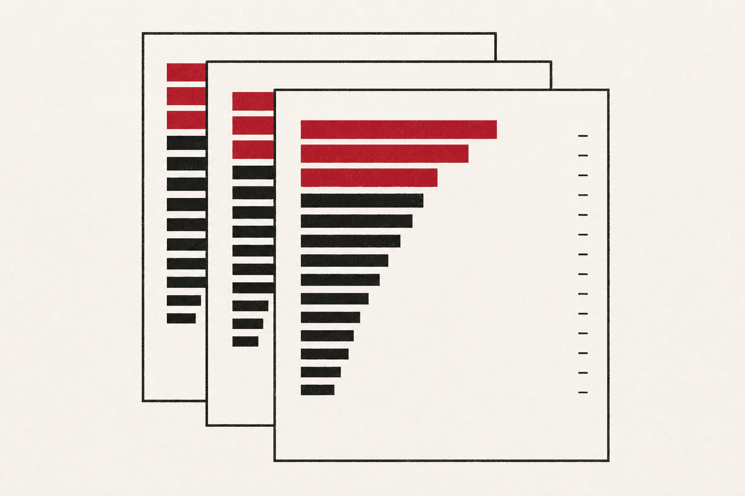 Diagram of three stacked report pages, each listing barriers as horizontal bars in ranked order, with the top three bars in red and dated tick marks down the right edge.