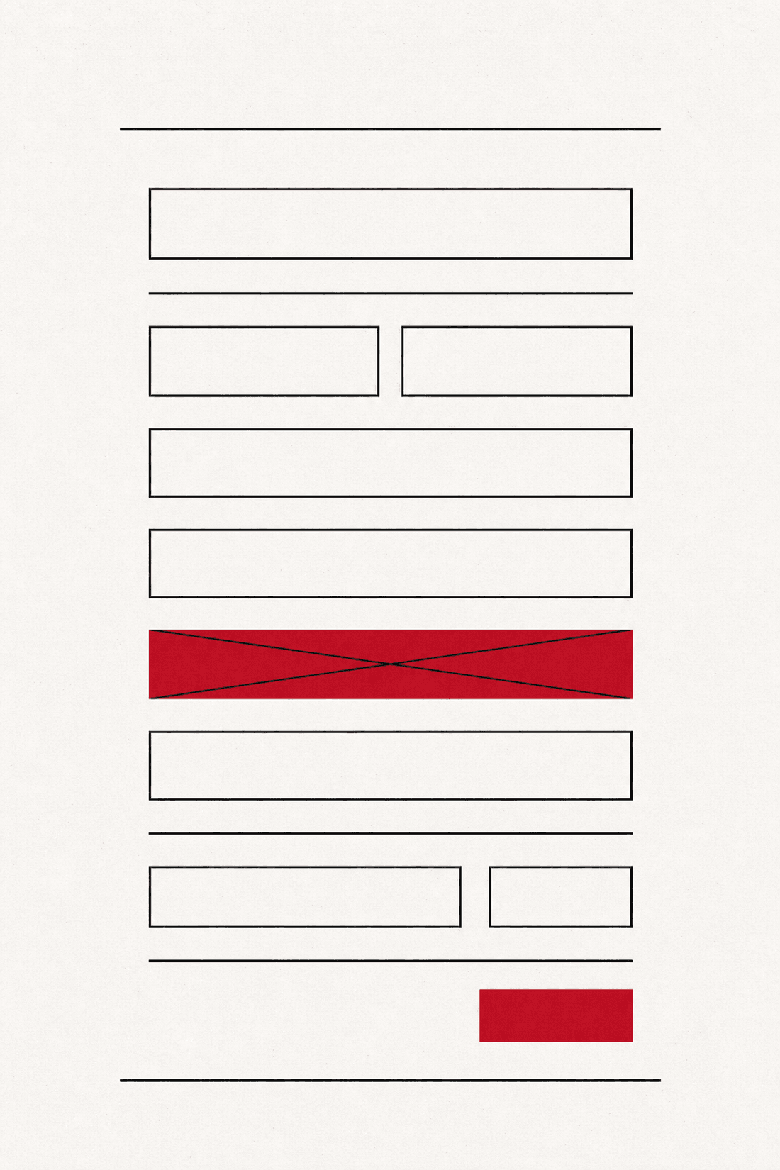 Diagram of a shop checkout page drawn as a stack of empty input fields, with one field filled solid red and struck through to mark it as blocking.